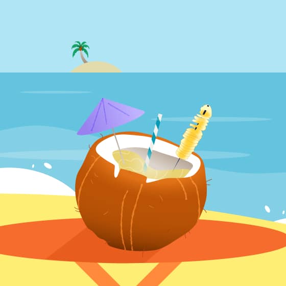 An illustration of a pina colada in a coconut on a table at the beach